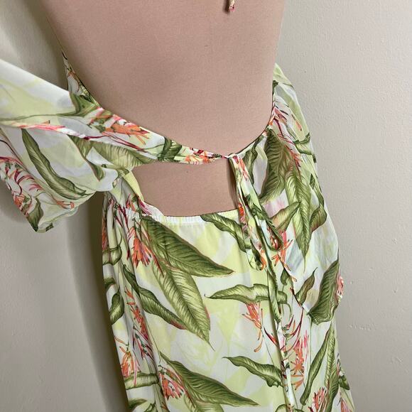 BCBGeneration Maxi Dress Large Womens Tropical Green Overlay Tiered Open Back - Picture 8 of 12